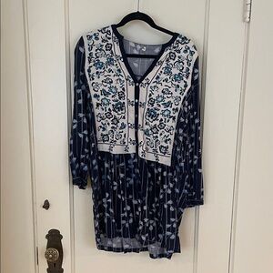 Anthropologie Long Sleeve embroidered shirt dress in blue EUC